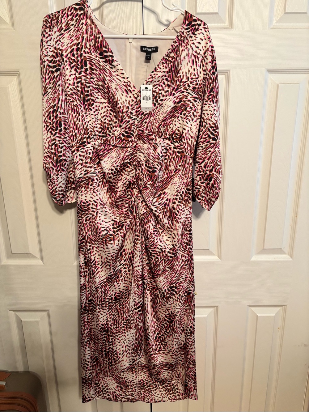 Express Pink and Cream Abstract V-Neck Midi Dress